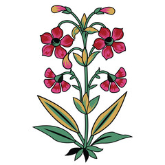 A vibrant red flower with lush green leaves against a clean white background