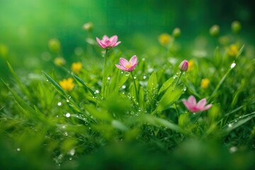 Spring Beautiful natural background of green grass and purple flowers. ai generative