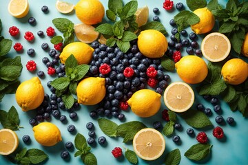 top view Summer background with lemon fruits mint and berries. ai generative