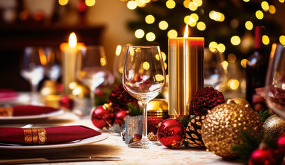 Obraz na płótnie Canvas Christmas table setting with candles and Christmas decoration