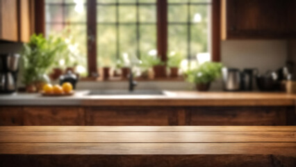 Empty wooden table set against a blurred rstic kitchen backdrop, ideal for product showcasing and presentation concept