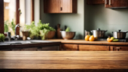 Empty wooden table set against a blurred rstic kitchen backdrop, ideal for product showcasing and presentation concept