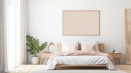 Empty poster above the bed in a bright bedroom - obrazy, fototapety, plakaty