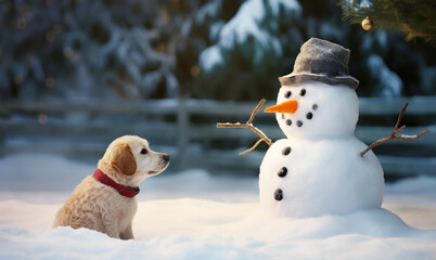 Cute little dog looking at happy snowman in winter