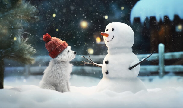 Cute little dog with a hat looking at happy snowman in winter