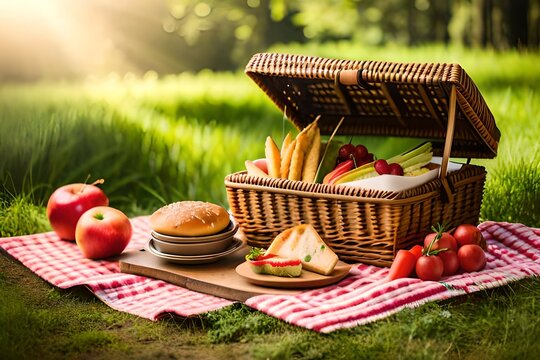 Picnic in a basket Lunch on the grass in a park