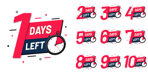 Day left numbers countdown collection vector reminder calendar template with clock label logo illustration. 0, 1, 2, 3, 4, 5, 6, 7, 8, 9,