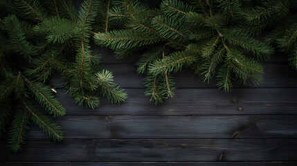 An original and creative background image featuring a wooden surface adorned with spruce branches, providing ample space for text placement or design elements.