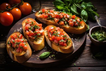 Foto op Canvas Bruschetta with tomatoes, herbs and oil on toasted garlic cheese bread on a dark wooden table © Tjeerd