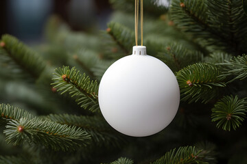 Christmas white glossy round bauble ornament on christmas tree background.