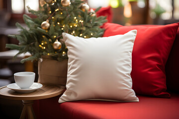 Blank white pillow mockup on red sofa with christmas tree and lights bokeh background. Holiday template composition with decoration. Copy space.