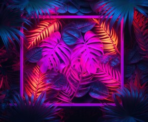Fototapeta na wymiar eative tropical background made of fluorescent tropical leaves with neon frame