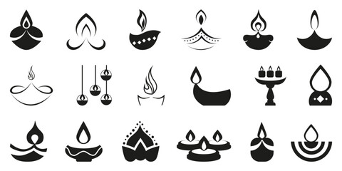 Diwali lamp icon collection. Candle oil lamp logo in black. Diwali lamp icons © stas111