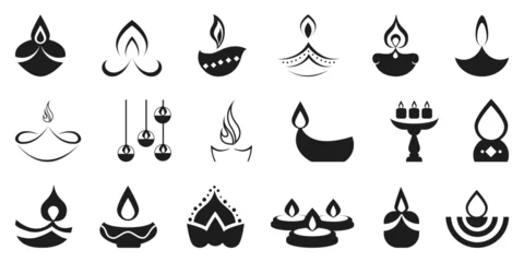Zelfklevend Fotobehang Diwali lamp icon collection. Candle oil lamp logo in black. Diwali lamp icons © stas111