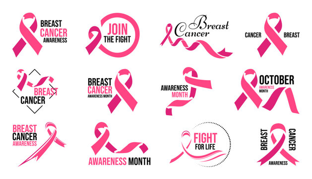 Pink cancer ribbon icons. Pink ribbons logo isolated. Breast cancer awareness ribbon emblem