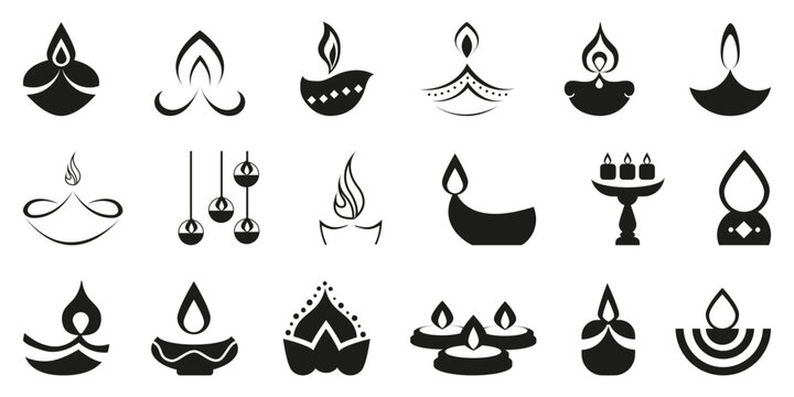 Diwali lamp icon collection. Candle oil lamp logo in black. Diwali lamp icons