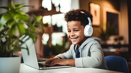 An African American schoolboy with a bright smile, engaged in online studying from the comfort of his home, using a laptop