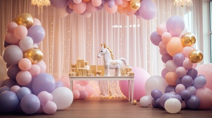 A table topped with lots of balloons and a pony statue