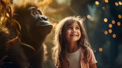 Zelfklevend Fotobehang A little girl standing next to a gorilla © Maria Starus