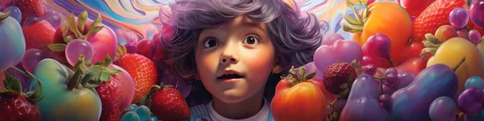 A child with purple hair standing in a field of fruit