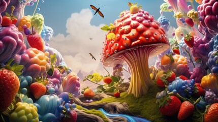 A mushroom is surrounded by lots of fruit