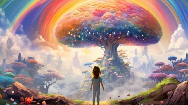 A woman standing in front of a rainbow - colored tree
