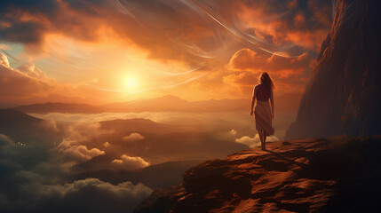 Obraz premium A realistic scene depicting a sunset with the silhouette of a woman atop a mountain, set against a backdrop of sun-drenched skies adorned with clouds.