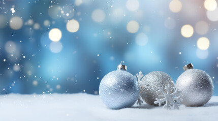 A winter background adorned with Christmas toys nestled in the snow, accompanied by snowflakes, beautiful lighting, and bokeh against a twilight blue sky. This composition offers ample copy space and 