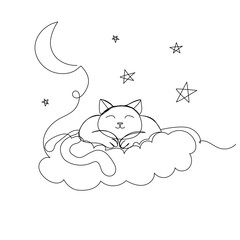 Continuous one line drawing of cat sleeping on a cloud. Simple vector illustration