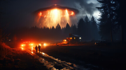 Fototapeta premium Galactic Enigma: The Saucer-Shaped Extraterrestrial UFO Spacecraft as Imagined by Generative AI