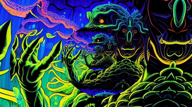 Cthulhu Trippy Blacklight Poster Style VJ Seamless Animation Looping Video Neon Colors Strange Nightmare Gods HP Lovecraft Halloween Monsters Tentacle Sea Kraken Otherworldly Alien Scifi Fantasy