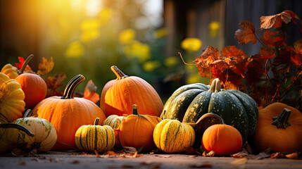 Thanksgiving Still life of pumpkins of various shapes, Seasonal holiday concept, harvest, generative ai