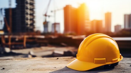Hardhat helmet on wooden table on a blurred construction area background, generative ai