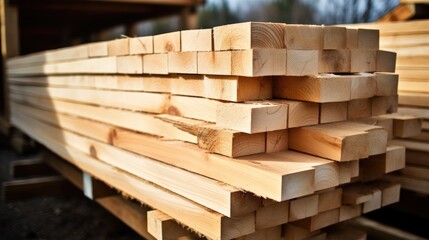 Piled stack of natural wooden boards, close up view. Industrial timber for carpentry, building, repairing and furniture, lumber material for construction - obrazy, fototapety, plakaty