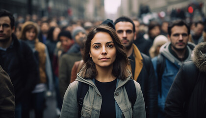 People in the city, woman in a protest, created with ai