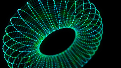Abstract green torus on black background. Wireframe circle structure with glowing particles and lines. Futuristic digital illustration. 3D rendering.