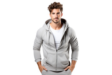 Fototapeta premium attractive young man in white sweatshirt in training style, png isolated on white transparent background