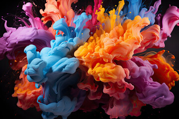 Fototapeta premium colorful rainbow holi paint color big double powder explosion isolated on dark black wide panorama background.