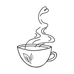 Doodle cup of hot tea. Hand drawn outline mug with herbal natural warm drink. Healthy lifestyle. Cozy autumn winter vector illustration. Design element