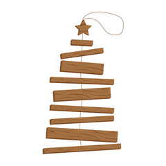 Alternative natural eco Christmas tree with a star from wooden planks on rope. Handmade decoration for Christmas and New Year holidays. Plastic free concept. Design element