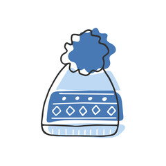 Warm knitted blue hat with ornament and pompom isolated on white. Hand drawn outline winter autumn clothing element. Doodle vector design element