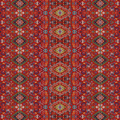A vibrant red and blue indian mughal inpspired pattern against a bold red background