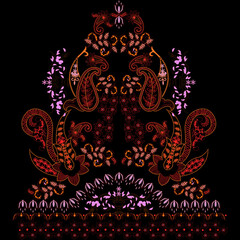 A vibrant and abstract floral abstract paisley design on a black backdrop