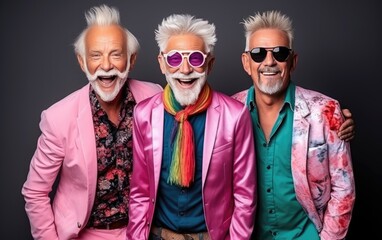 Obraz premium Funny old hipsters retired men wearing colorful clothes relaxing posing in a studio. Generative AI