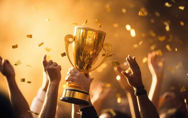 Hands raised up the gold cup of champions. Generative AI