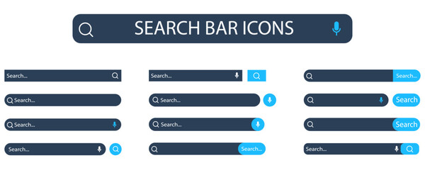 Web search bar set. Internet query search string, collection of search fields. Vector set of computer illustrations of information search on the Internet. Set of elements for website interface design 