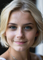 blonde girl smiling, with incredible details