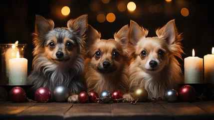 Poster Heartwarming celebration of Chihuahuas enjoying the most spectacular Christmas party ever, surrounded by the finest Christmas decorations. The joyful Christmas scene © Anastasiia