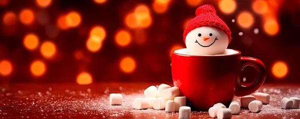 Tuinposter Red mug with hot chocolate with melted marshmallow snowman   © Александр Марченко