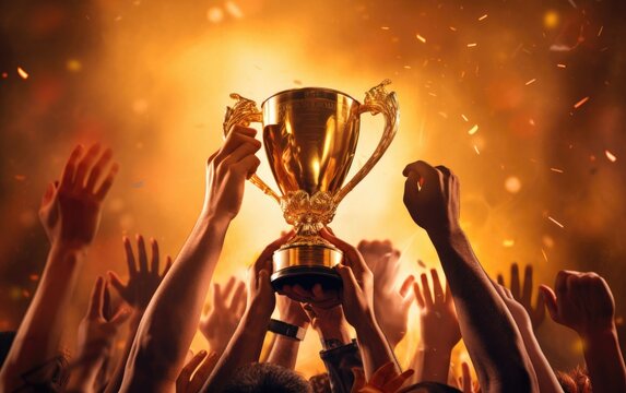 Hands raised up the gold cup of champions. Generative AI